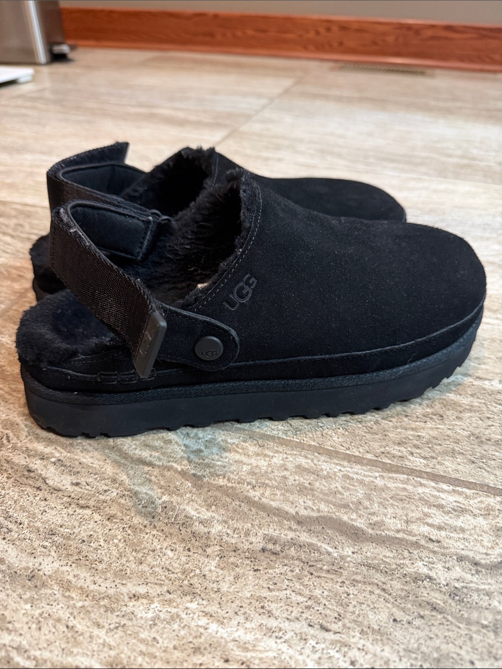 UGG Womens Black Suede Shearling Backstrap Mule